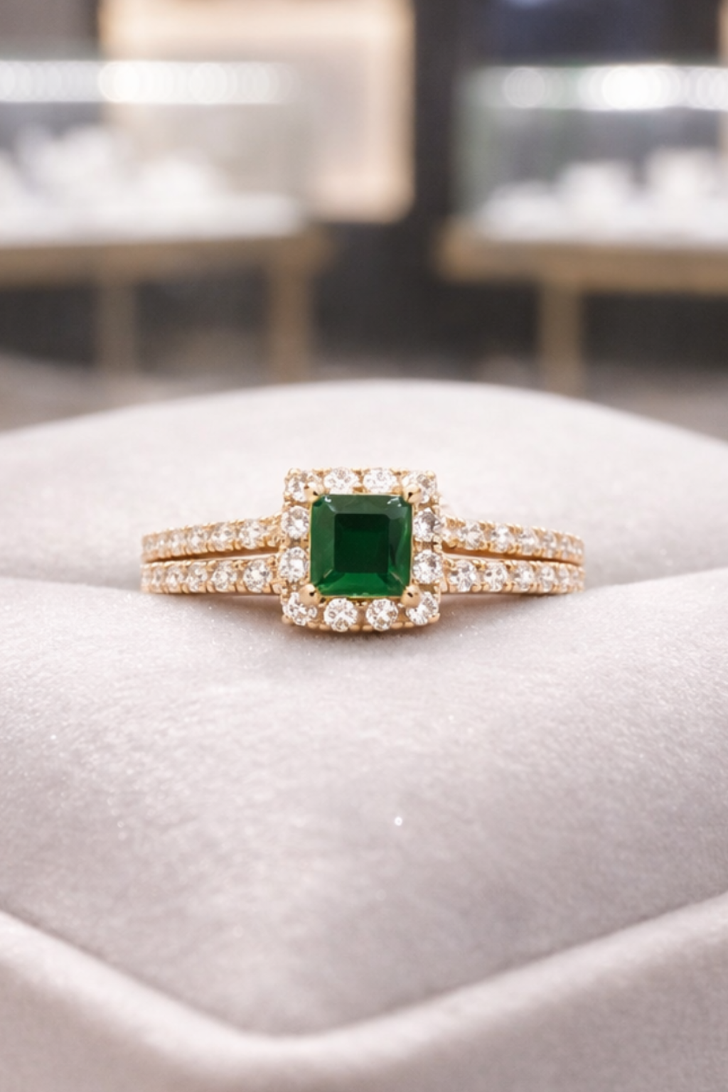 Emerald Square Halo Ring