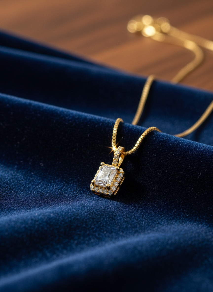 Radiant Halo Square Gold Pendant
