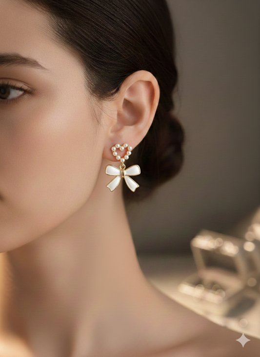 Pearl Heart Bow Drop Earrings